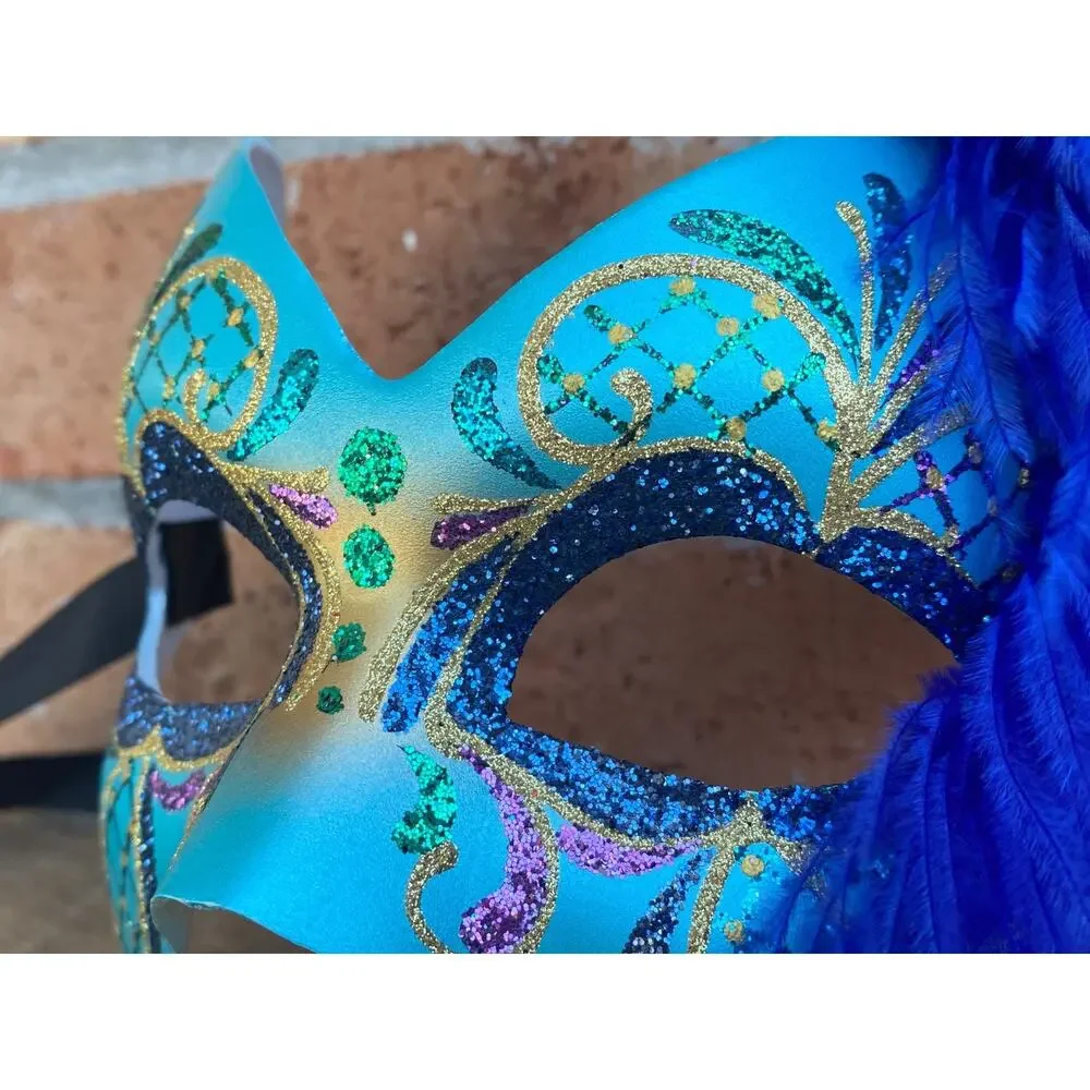 Pier 1 Mask Maschera Del Galeone Italy Hand-Painted Masquerade Blue Feathers